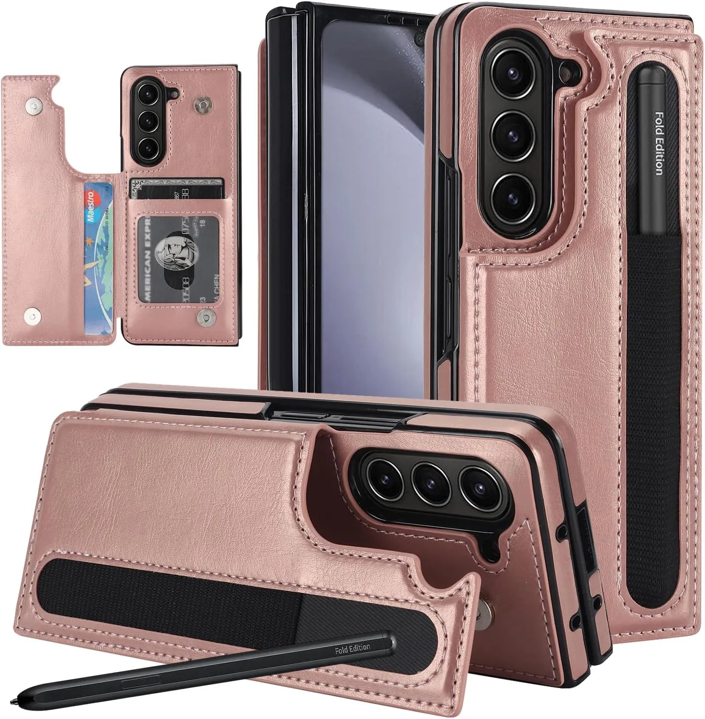 Samsung Galaxy Z Fold 5 Wallet Case S Pen Holder Crossbody Lanyard Strap Wrist Stylish Protective Cover