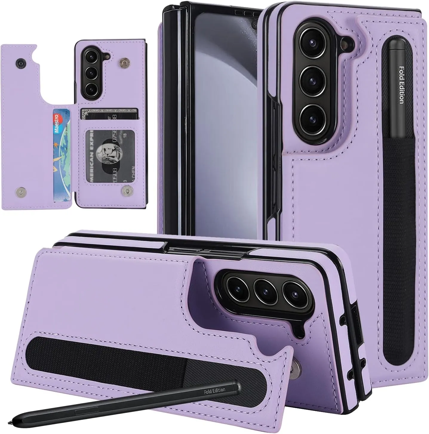 Samsung Galaxy Z Fold 5 Wallet Case S Pen Holder Crossbody Lanyard Strap Wrist Stylish Protective Cover