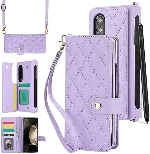 Samsung Galaxy Z Fold 5 Wallet Case S Pen Holder Crossbody Lanyard Strap Wrist Stylish Protective Cover