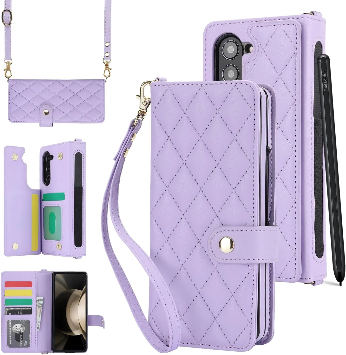 Samsung Galaxy Z Fold 5 Wallet Case S Pen Holder Crossbody Lanyard Strap Wrist Stylish Protective Cover