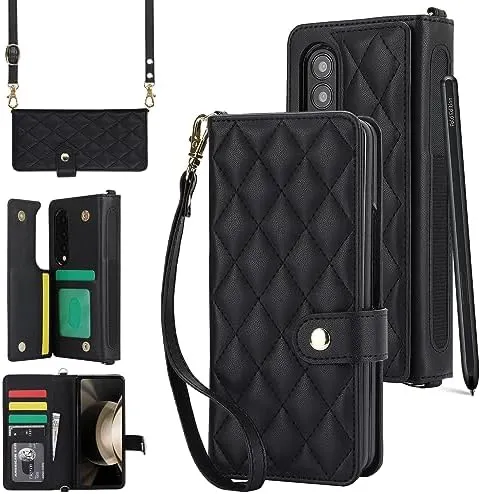 Samsung Galaxy Z Fold 5 Wallet Case S Pen Holder Crossbody Lanyard Strap Wrist Stylish Protective Cover