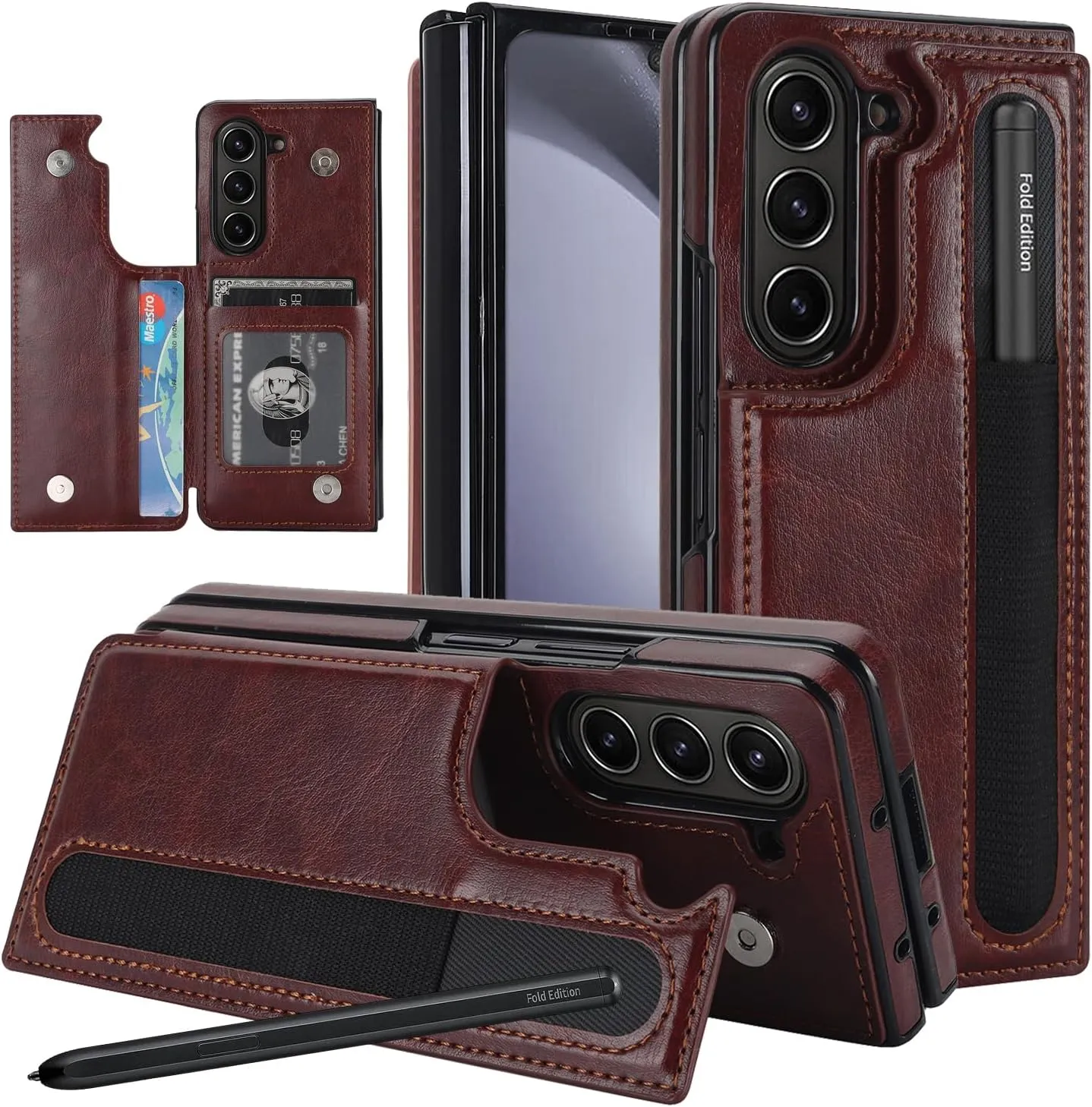 Samsung Galaxy Z Fold 5 Wallet Case S Pen Holder Crossbody Lanyard Strap Wrist Stylish Protective Cover