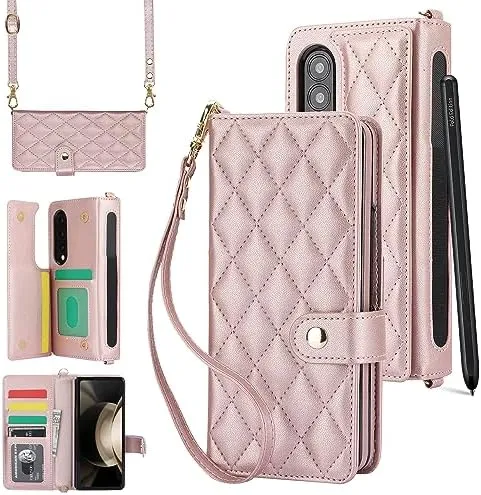 Samsung Galaxy Z Fold 5 Wallet Case S Pen Holder Crossbody Lanyard Strap Wrist Stylish Protective Cover