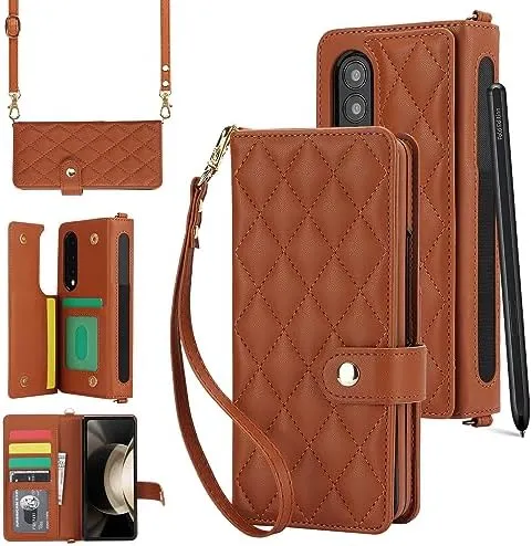 Samsung Galaxy Z Fold 5 Wallet Case S Pen Holder Crossbody Lanyard Strap Wrist Stylish Protective Cover