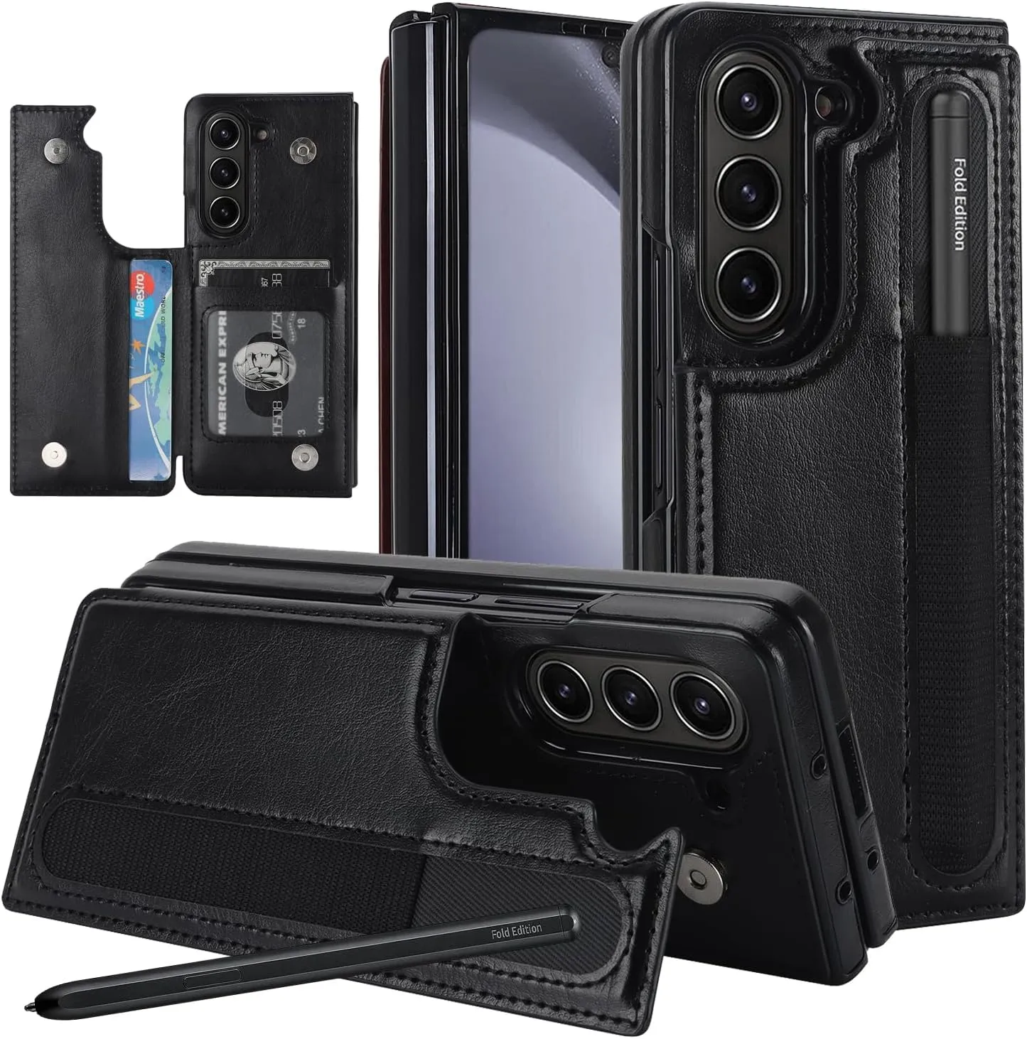 Samsung Galaxy Z Fold 5 Wallet Case S Pen Holder Crossbody Lanyard Strap Wrist Stylish Protective Cover