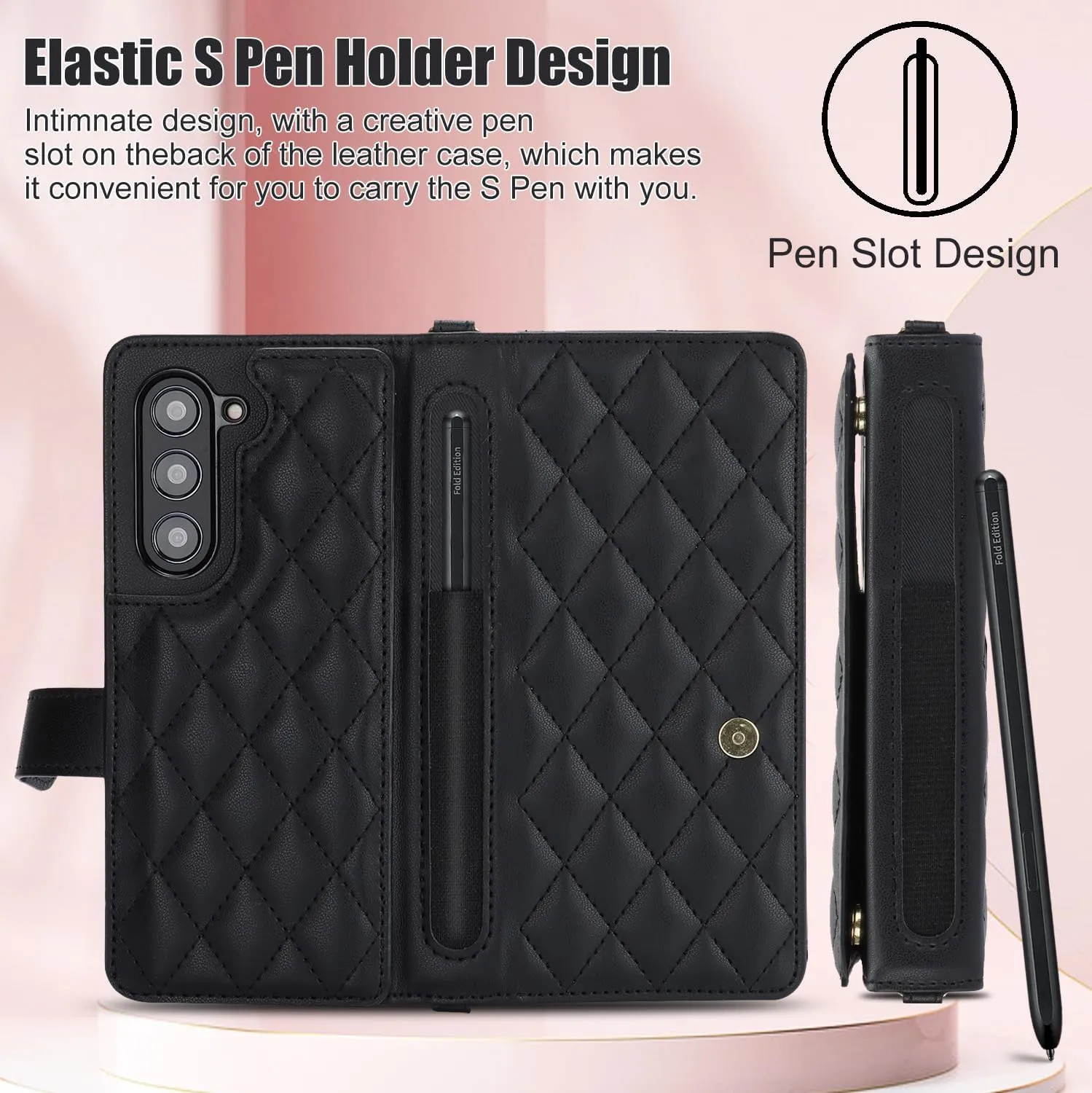 Samsung Galaxy Z Fold 5 Wallet Case S Pen Holder Crossbody Lanyard Strap Wrist Stylish Protective Cover