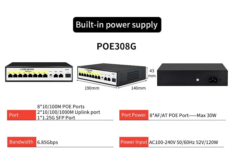 STEAMEMO 48V Active POE Switch GIgabit Network Switch With SFP 10/100/1000Mbps For IP Camera/Wireless AP/Wifi Router/CCTV