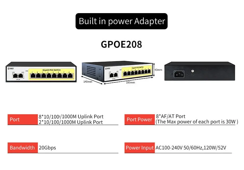 STEAMEMO 48V Active POE Switch GIgabit Network Switch With SFP 10/100/1000Mbps For IP Camera/Wireless AP/Wifi Router/CCTV