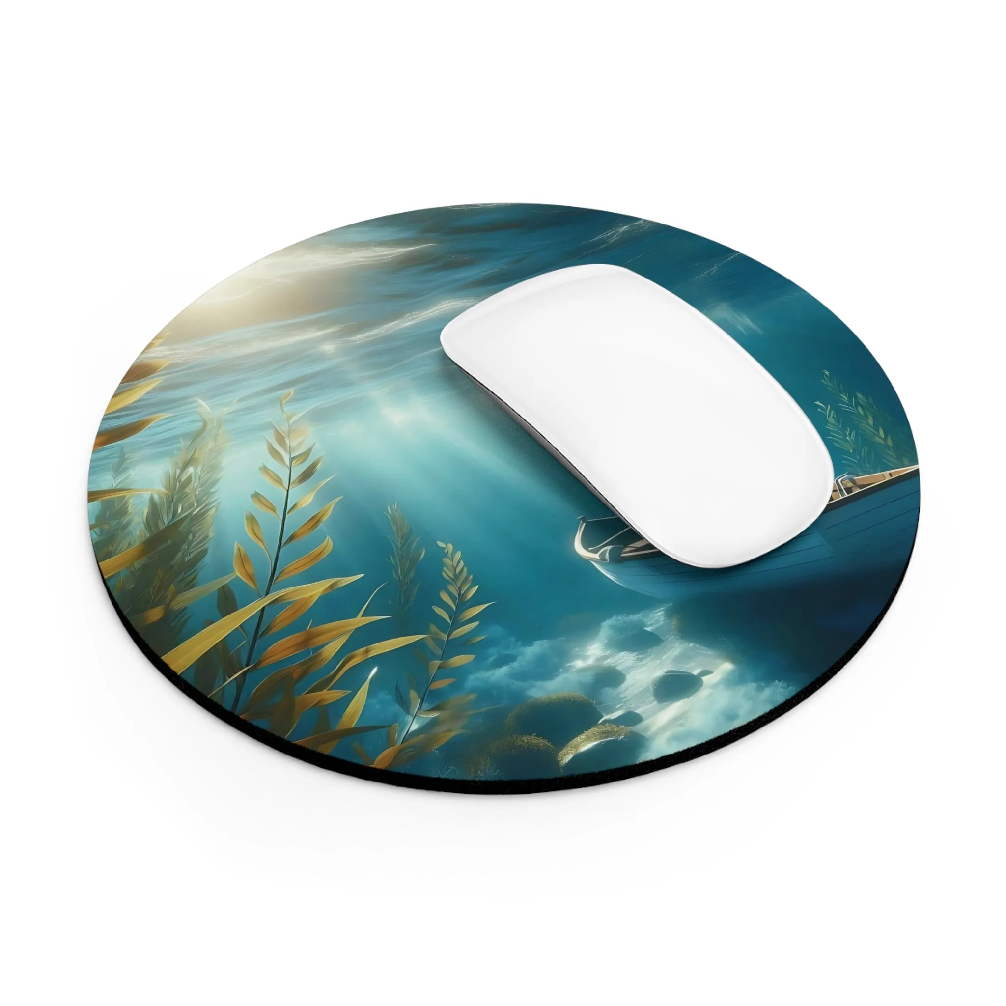 Sunlight streaming onto a clear sea and a boat Mouse Pad