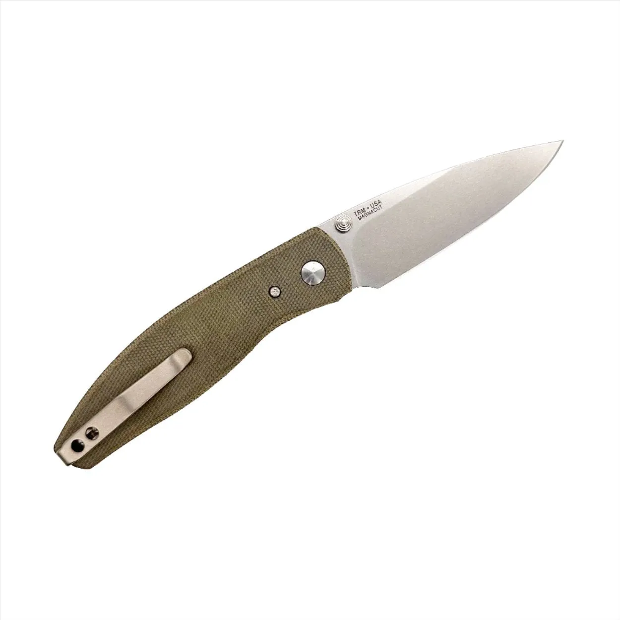 Three Rivers Mfg ATOM 3.5" Tumbled CPM-MagnaCut OD Green Micarta 3D Contoured Scales