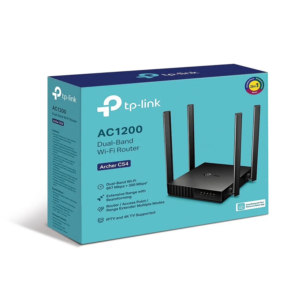 TP-Link Archer C54 AC1200 3-in-1 Dual Band MU-MIMO Wi-Fi Router with Access Point / Range Extender Mode, 867Mbps at 5G300Mbps at 2.4GHz, Beamforming, IPv6 Supported, IPTV, Agile Config, Parental ControlsHz,