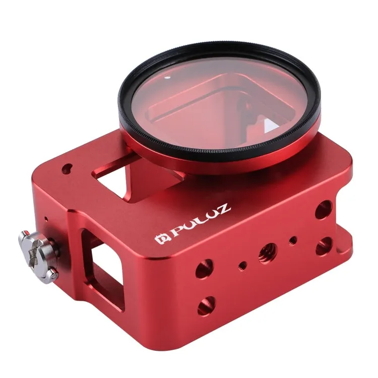 [US Warehouse] PULUZ Housing Shell CNC Aluminum Alloy Protective Cage with Insurance Frame & 52mm UV Lens for GoPro HERO(2018) /7 Black /6 /5(Red)