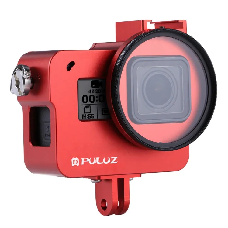 [US Warehouse] PULUZ Housing Shell CNC Aluminum Alloy Protective Cage with Insurance Frame & 52mm UV Lens for GoPro HERO(2018) /7 Black /6 /5(Red)