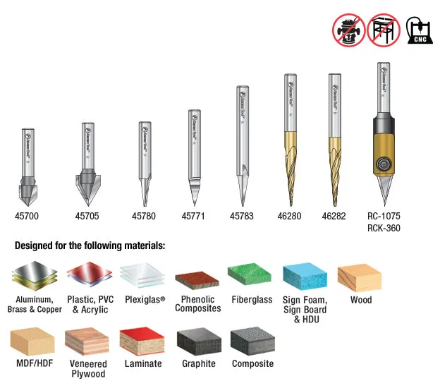 V' Carving CNC Router Bit Collection | 8 Piece | 1⁄4 Shank | AMS-128 | 738685128886