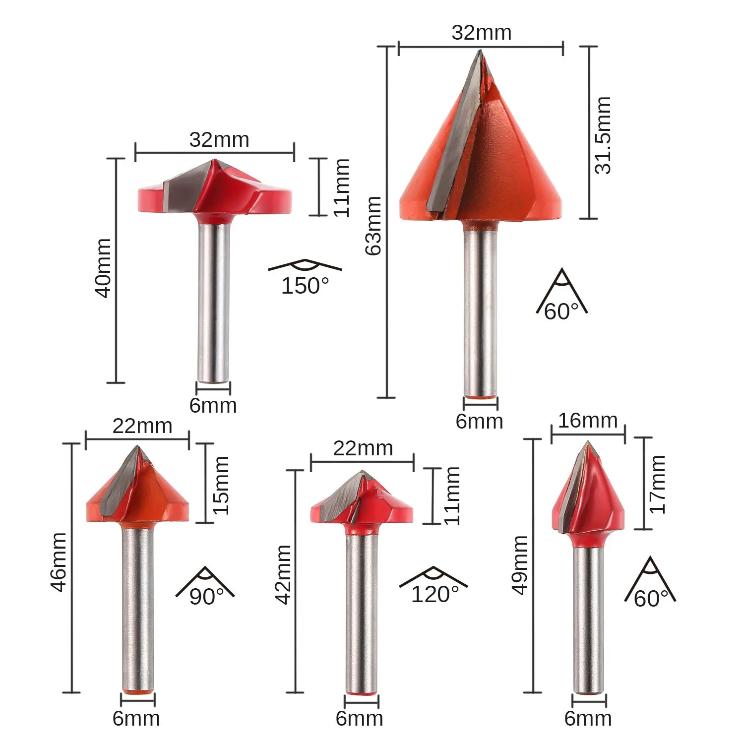 VG05A, 6mm Shank, V-Groove 60° 90° 120° 150°V, 5-PCS Router Bits Set