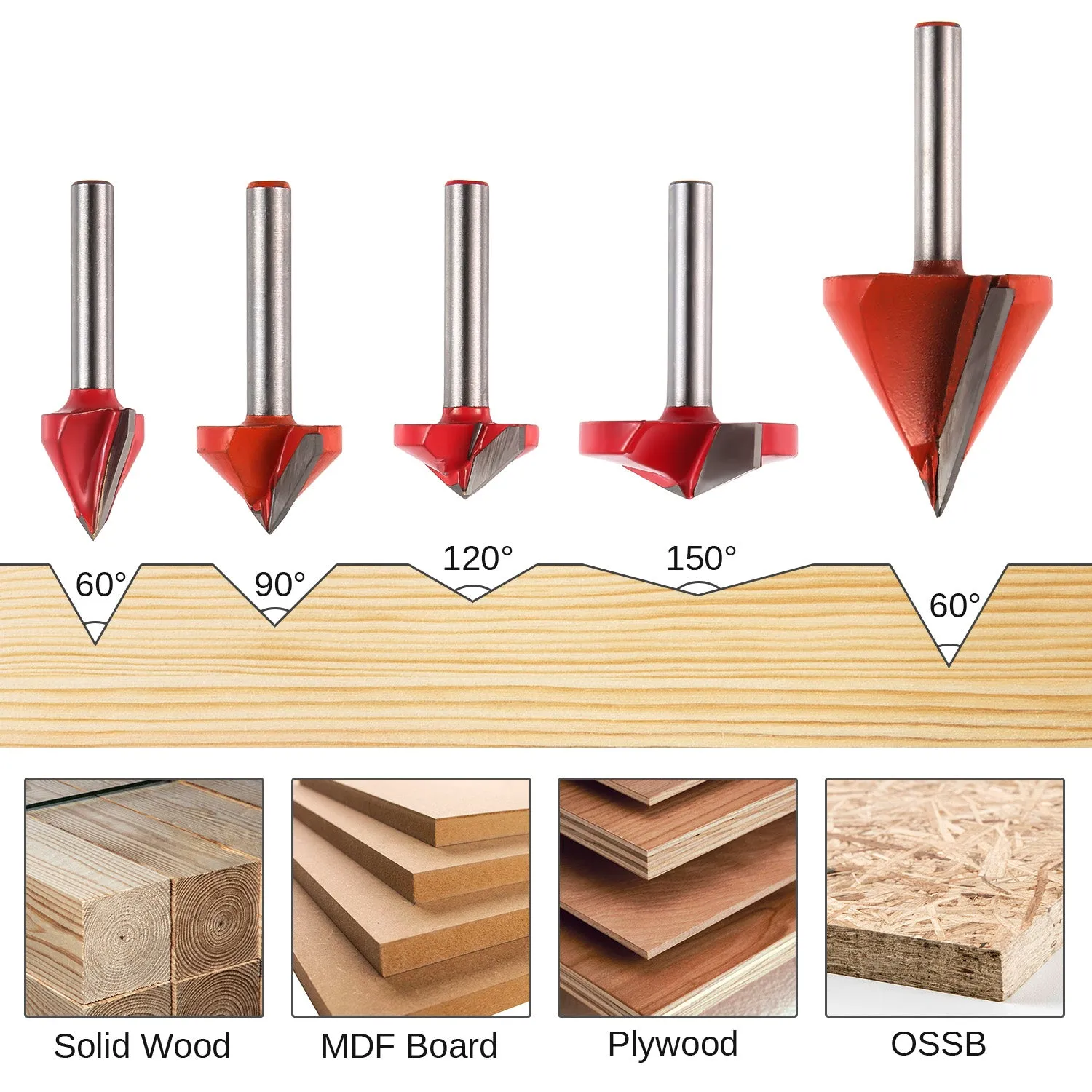 VG05A, 6mm Shank, V-Groove 60° 90° 120° 150°V, 5-PCS Router Bits Set