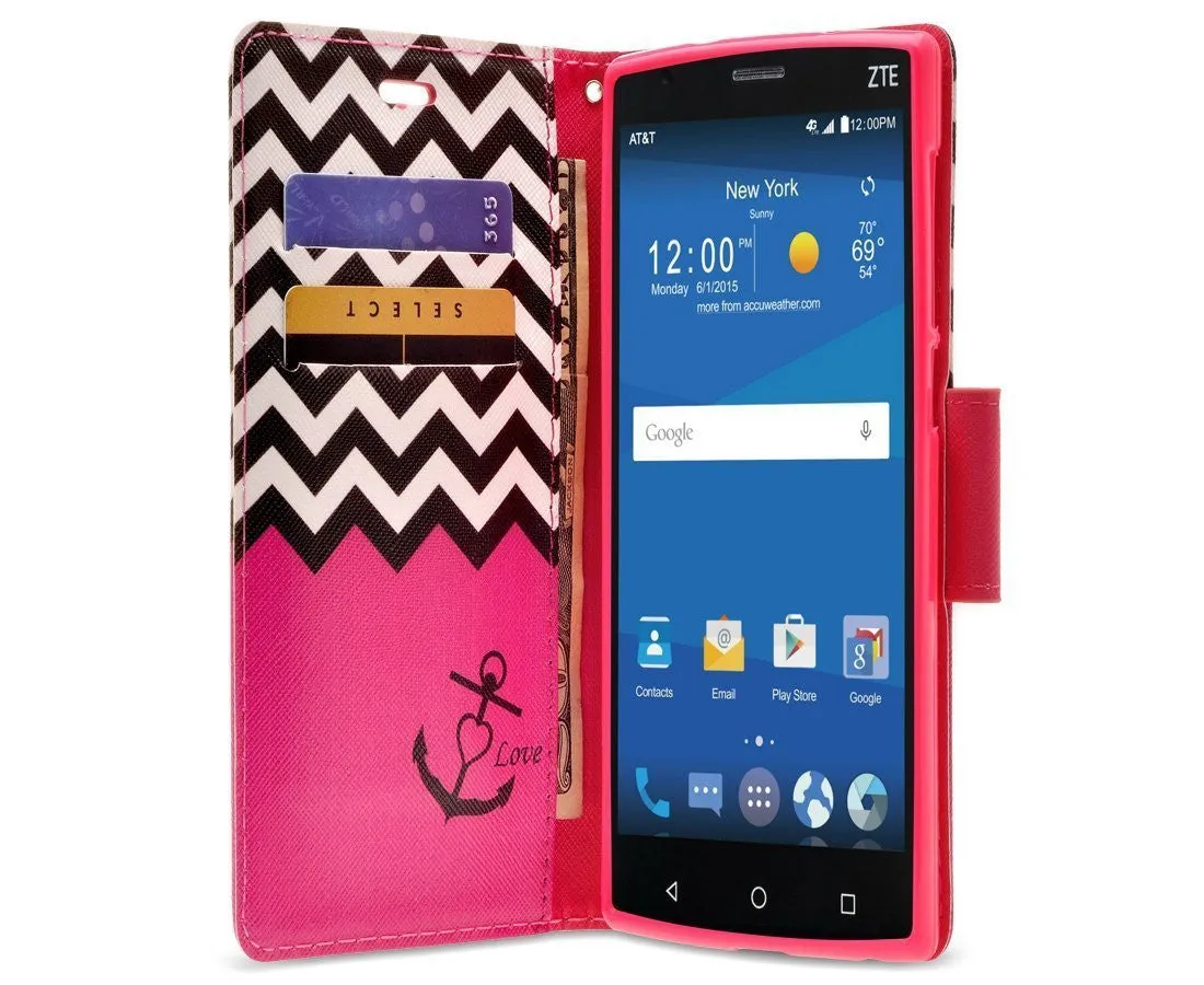 ZTE Prestige Case | ZTE Sonata 3 | ZTE Avid Plus | ZTE Avid Trio Pu Leather Magnetic Flip Fold[Kickstand] Wrist Strap Wallet Case with ID & Card Slots for ZTE Prestige/Sonata3/Avid/Avid Plus - Hot Pink Anchor