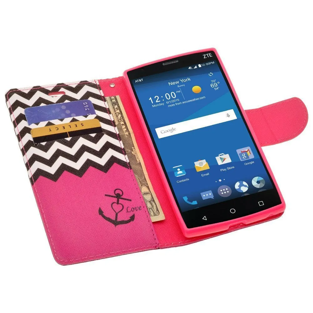 ZTE Prestige Case | ZTE Sonata 3 | ZTE Avid Plus | ZTE Avid Trio Pu Leather Magnetic Flip Fold[Kickstand] Wrist Strap Wallet Case with ID & Card Slots for ZTE Prestige/Sonata3/Avid/Avid Plus - Hot Pink Anchor